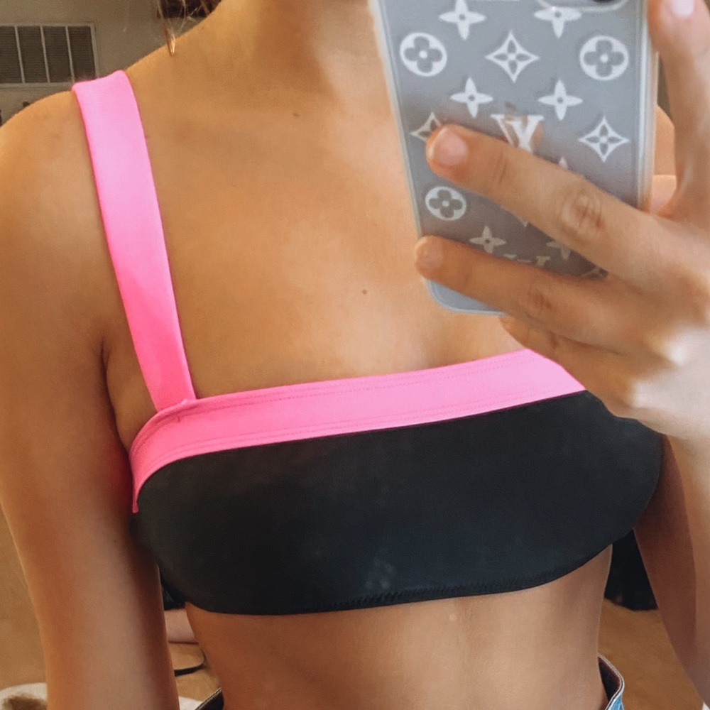 pink and black swim top